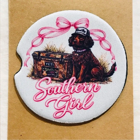 Handmade Southern Girl With Dog Car Coasters Set - Picture 2 of 2